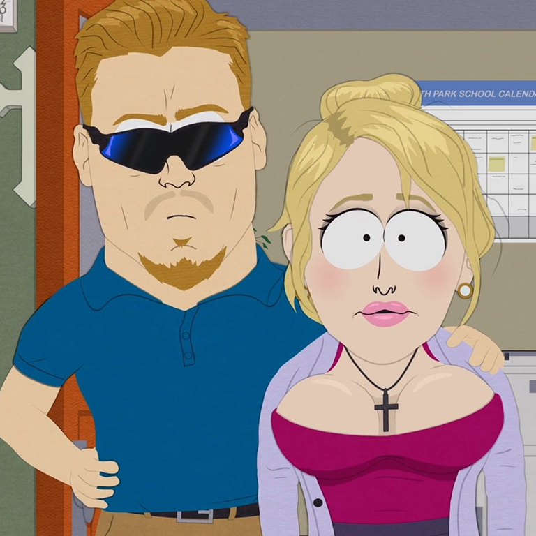 Animated scene of a man and woman. The man has spiked hair, sunglasses, and wears a blue shirt. The woman, with blonde hair and pink lips, wears a cross necklace and a purple top. They appear in a room with a calendar on the wall, conveying a determined or serious mood.