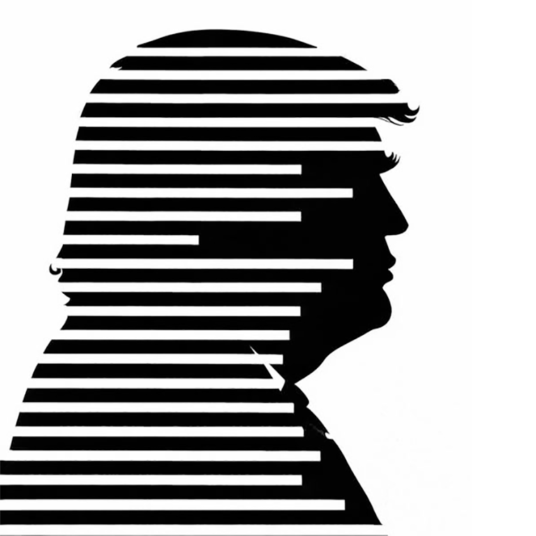 image of Trump with reversed-out redaction lines, indicating that there is very little that is good about that abomination of a human.
